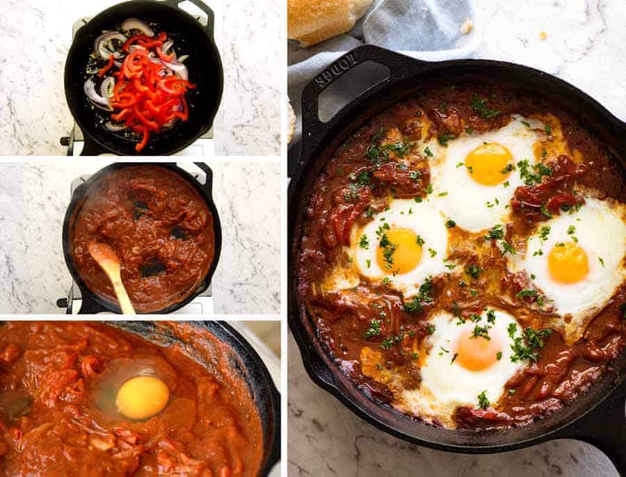 Preparation of Shakshuka, baked eggs from the Middle East