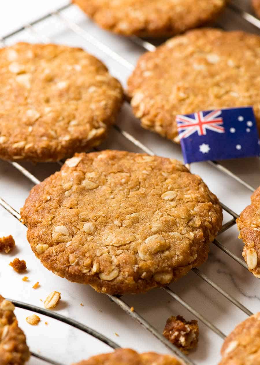 Close up of Australia's favourite biscuit on a cooling rack - Anzac Biscuits