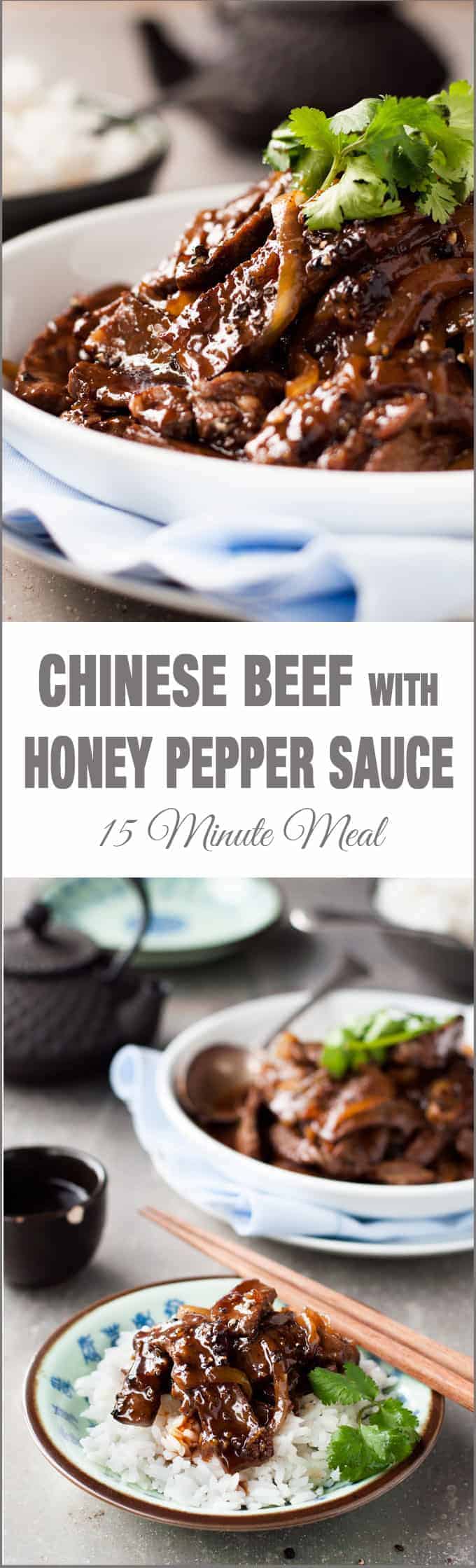 Chinese Beef with Honey & Black Pepper Sauce - A restaurant favourite at home in 15 minutes! Tender strips of beef stir fried with a lip smacking black pepper and honey sauce..