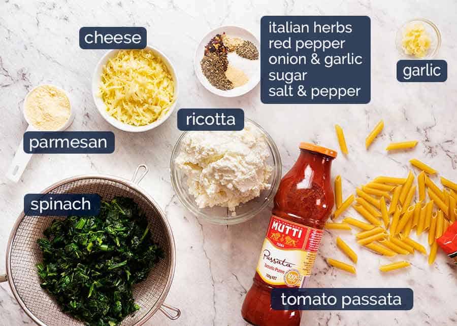 Ingredients in Spinach Ricotta Pasta Bake