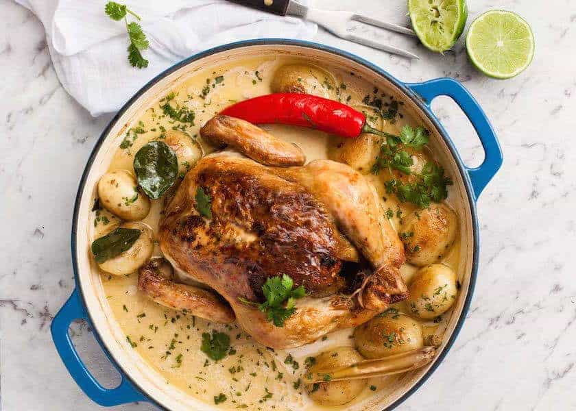 Fragrant Coconut Pot Roasted Chicken - Juicy Chicken roasted in a fragrant Asian-style coconut broth. Amazing flavor for so few ingredients! Substitutions provided.