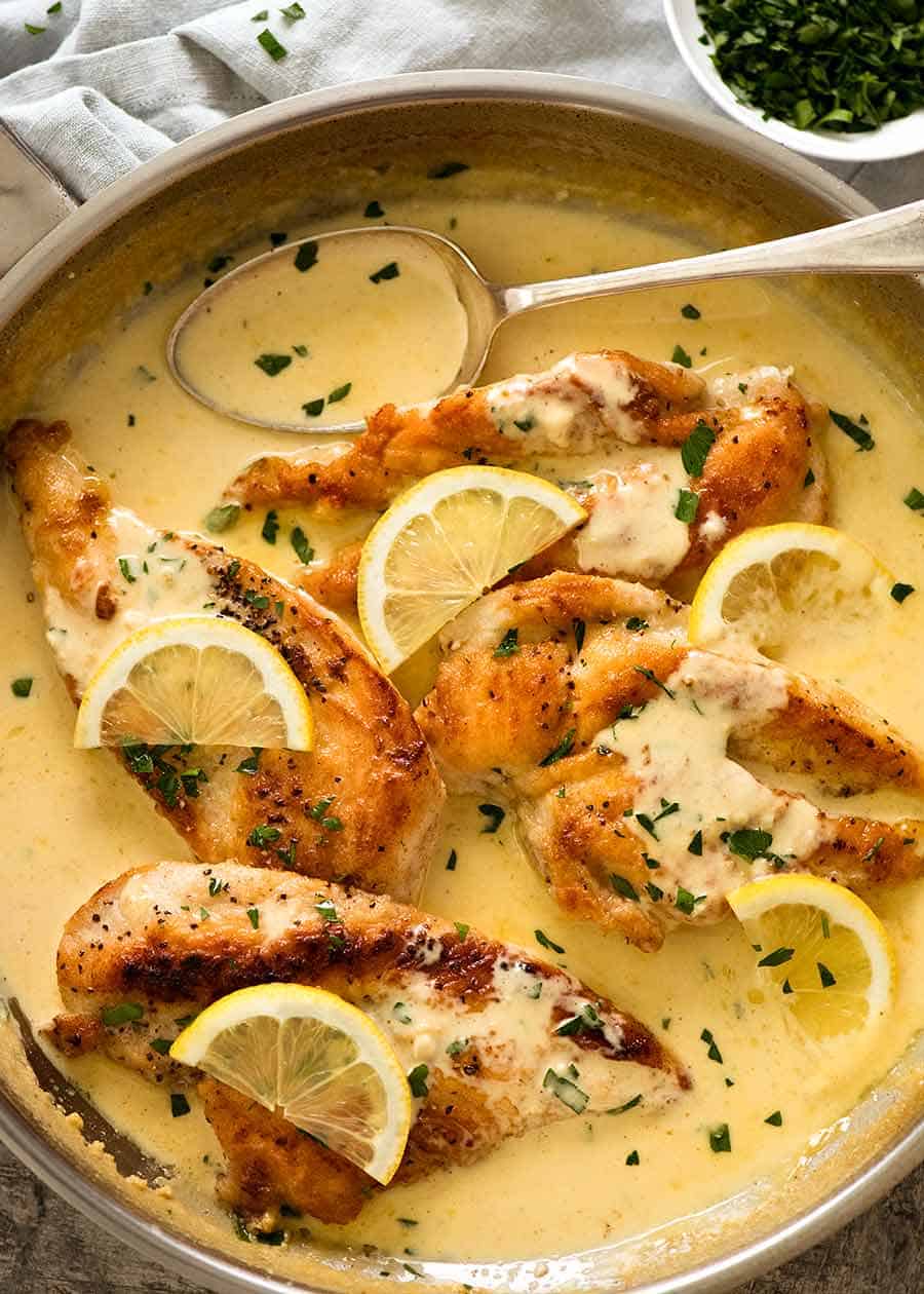 Creamy Lemon Chicken Breast in a skillet, fresh off the stove, ready to be served