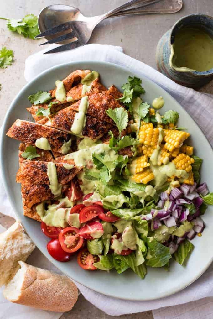Overhead photo of Chicken Salad with Avocado Dressing