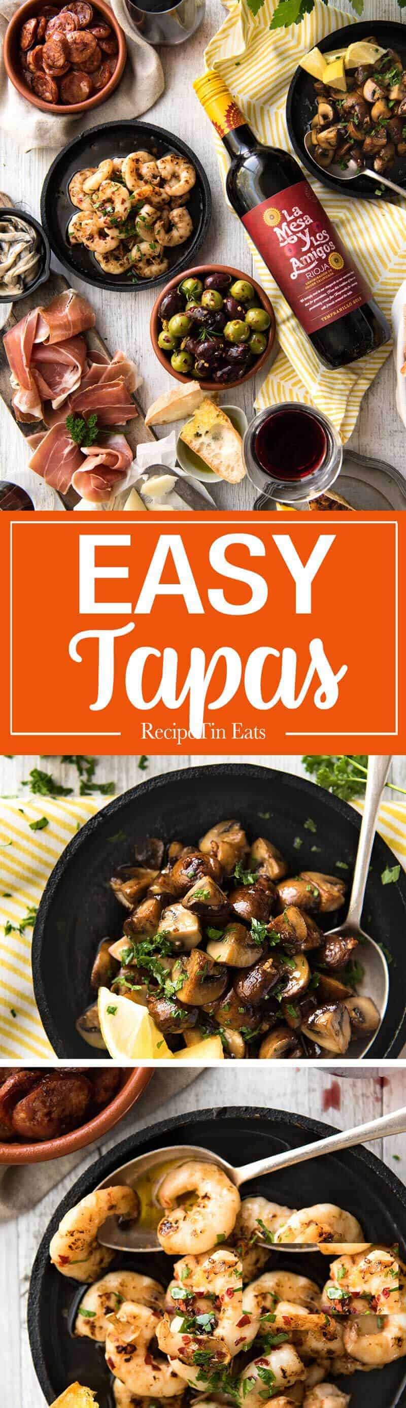 5 Easy Spanish Tapas recipes - all your favorites from the tapas bar! Garlic mushrooms, chorizo, garlic shrimp/prawns, Spanish marinated olives , Spanish omelette and a cheese platter! www.recipetineats.com