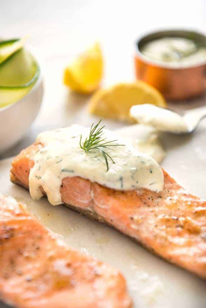 Creamy Dill Sauce for Salmon or Trout - A simple, refreshing sauce that pairs beautifully with rich salmon. Dinner on the table in 15 minutes! www.recipeteineats.com