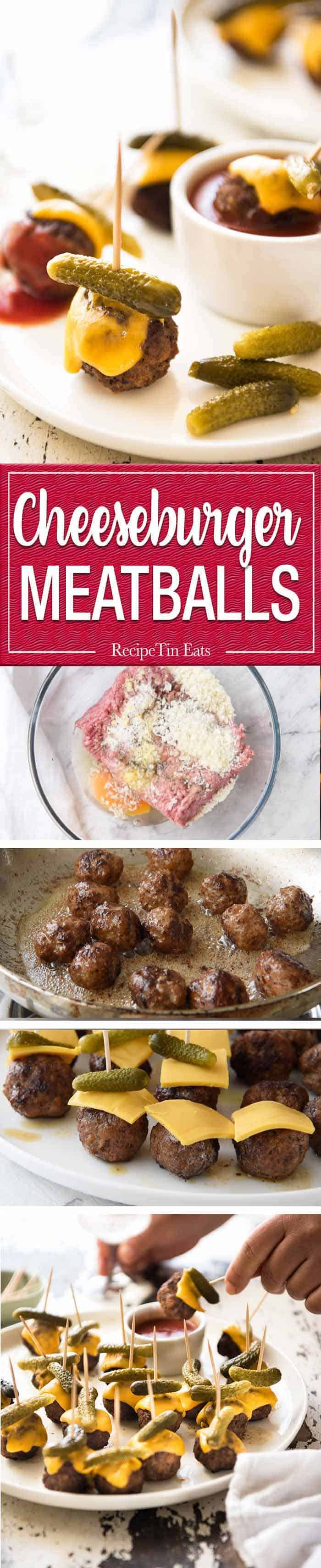 Cheeseburger Party Meatballs - tastes like a cheeseburger, in bite size form! Great for making ahead - fully assemble (inc toothpicks), 90 sec reheat in microwave. www.recipetineats.com