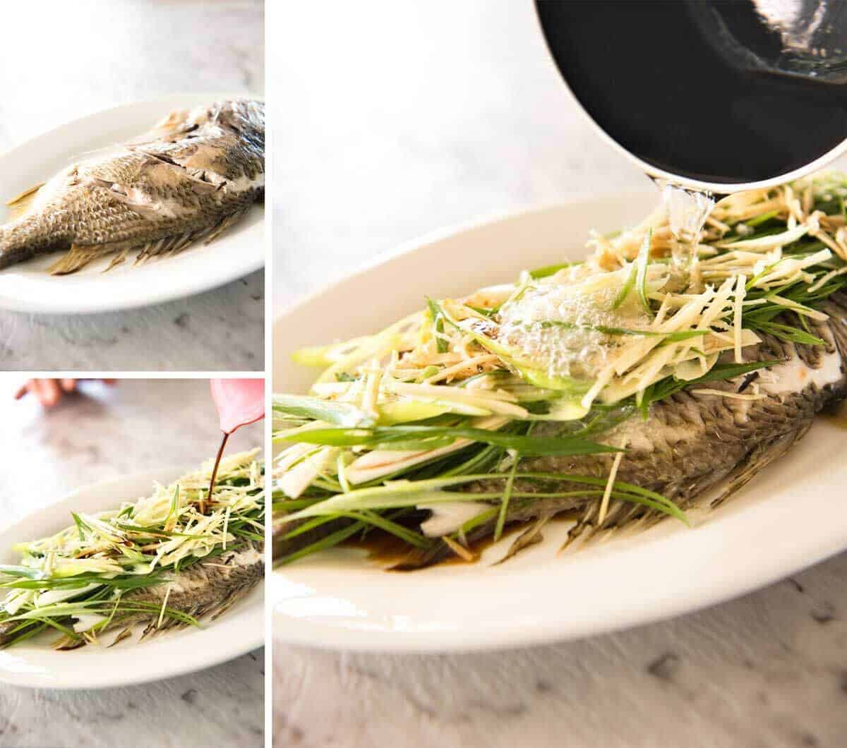 A Chinese Steamed Fish topped with Ginger and Shallots and seasonings, with hot oil poured over it to create a dramatic sizzle and an amazing sauce. So simple, yet so utterly delicious. Steam OR bake the fish! www.recipetineats.com