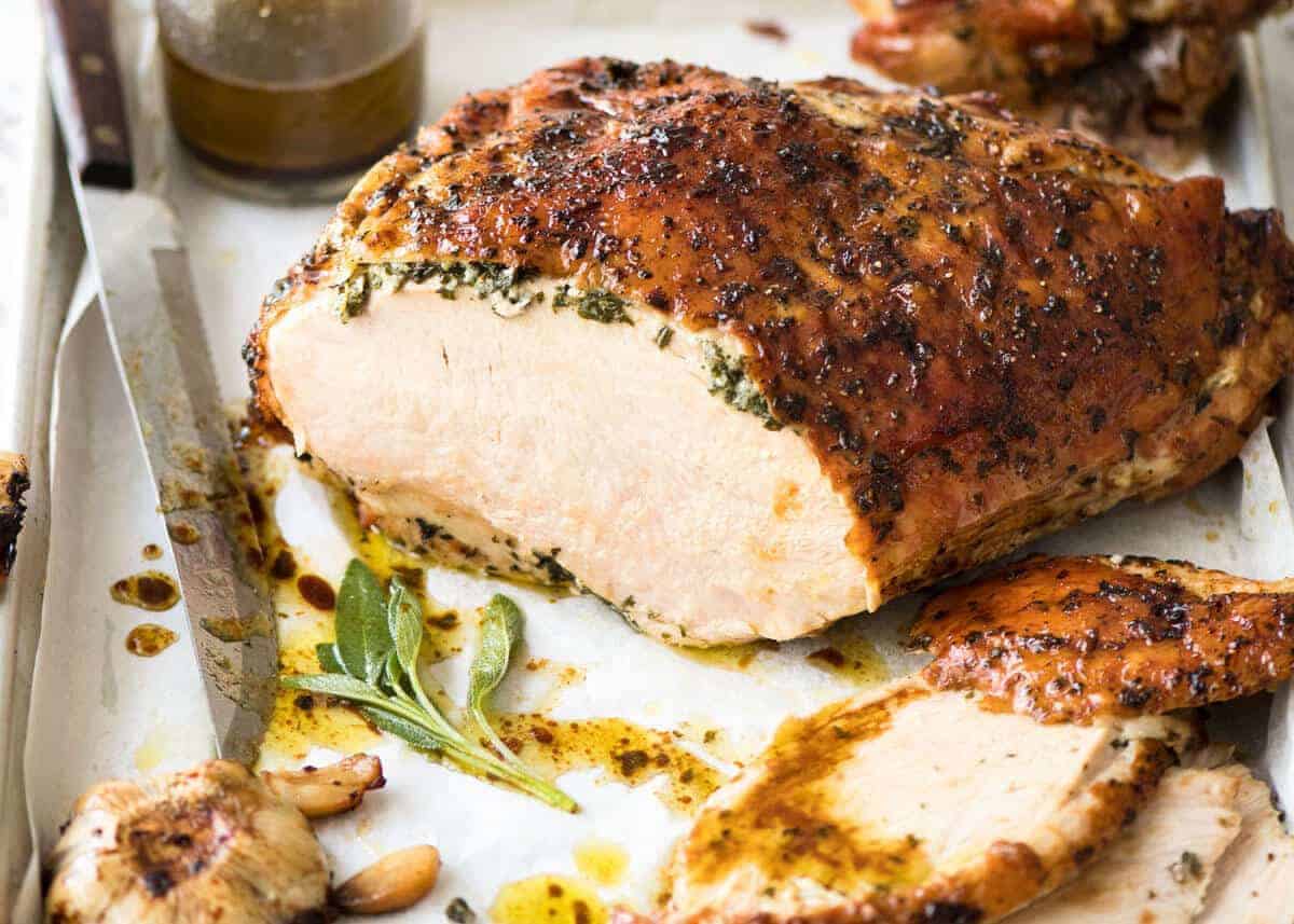 Garlic Herb Butter Roasted Turkey Breast with herb butter under the skin. Quick video tutorial provided. This is food so good, it will make you want to cry! www.recipetineats.com