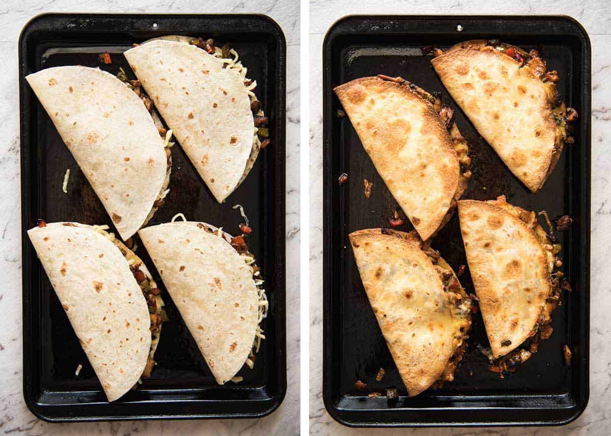 Crispy Oven Baked Chicken Quesadillas - This is how to make multiple Quesadillas at the same time! Crispy on the outside, stuffed with Mexican seasoned chicken and capsicum / bell peppers (and cheese of course!) www.recipetineats.com