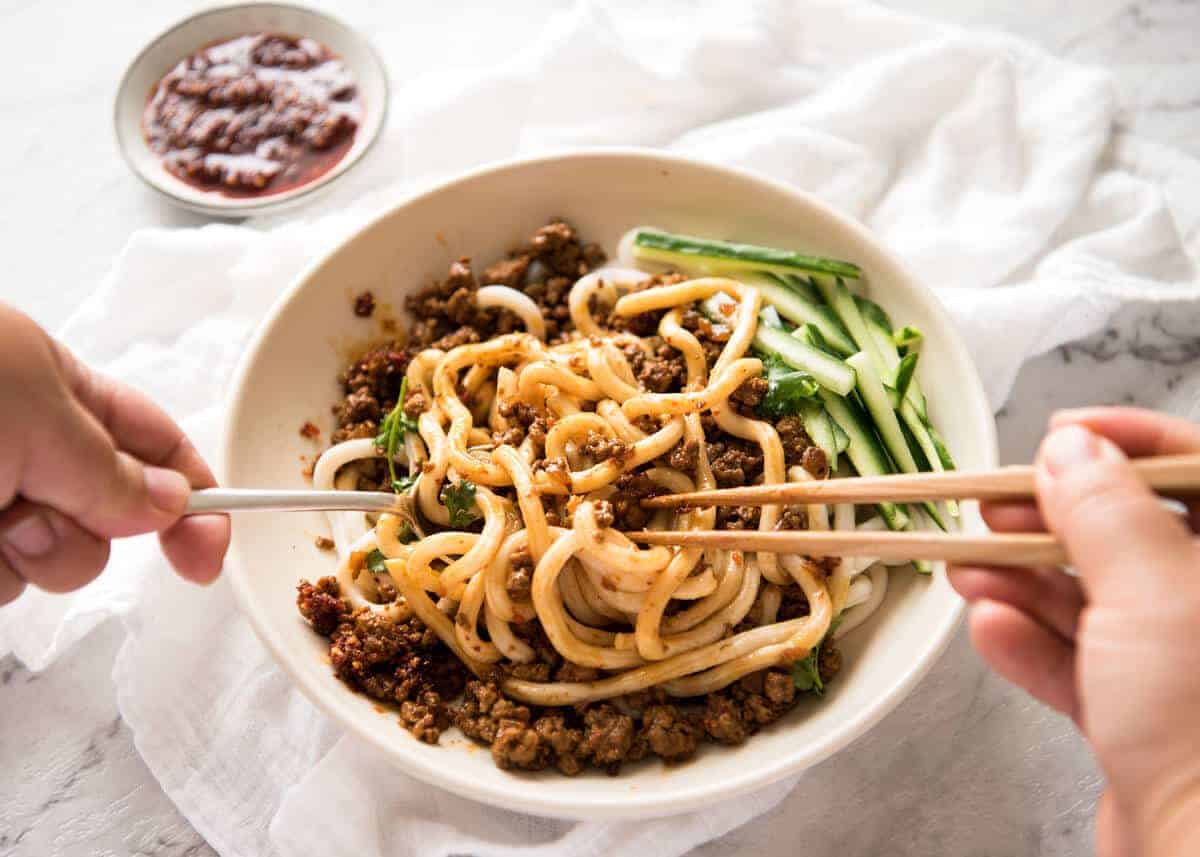 Chinese Pork with Noodles (Zha Jiang Mian) - Super quick and super tasty, affectionally known as "Chinese Bolognese". The pork is savoury with a touch of heat and spice, perfect mixed through noodles! www.recipetineats.com