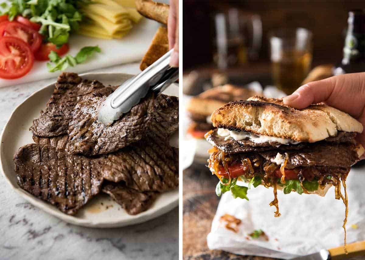 A juicy Steak Sandwich loaded with tender slices of steak, caramelised onion, garlic aioli, lettuce, tomato and mustard. www.recipetineats.com