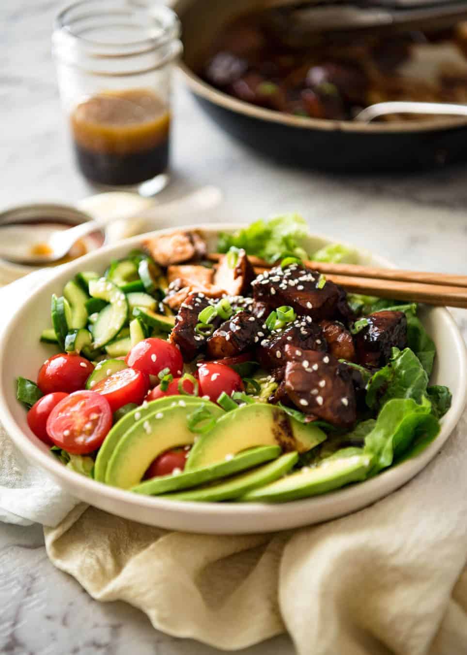 Asian Salmon Salad - Salmon dripping in a gorgeous Asian glaze on a fresh, vibrant salad drizzled with sesame dressing. Quick to make, packed with serious flavour! www.recipetineats.com