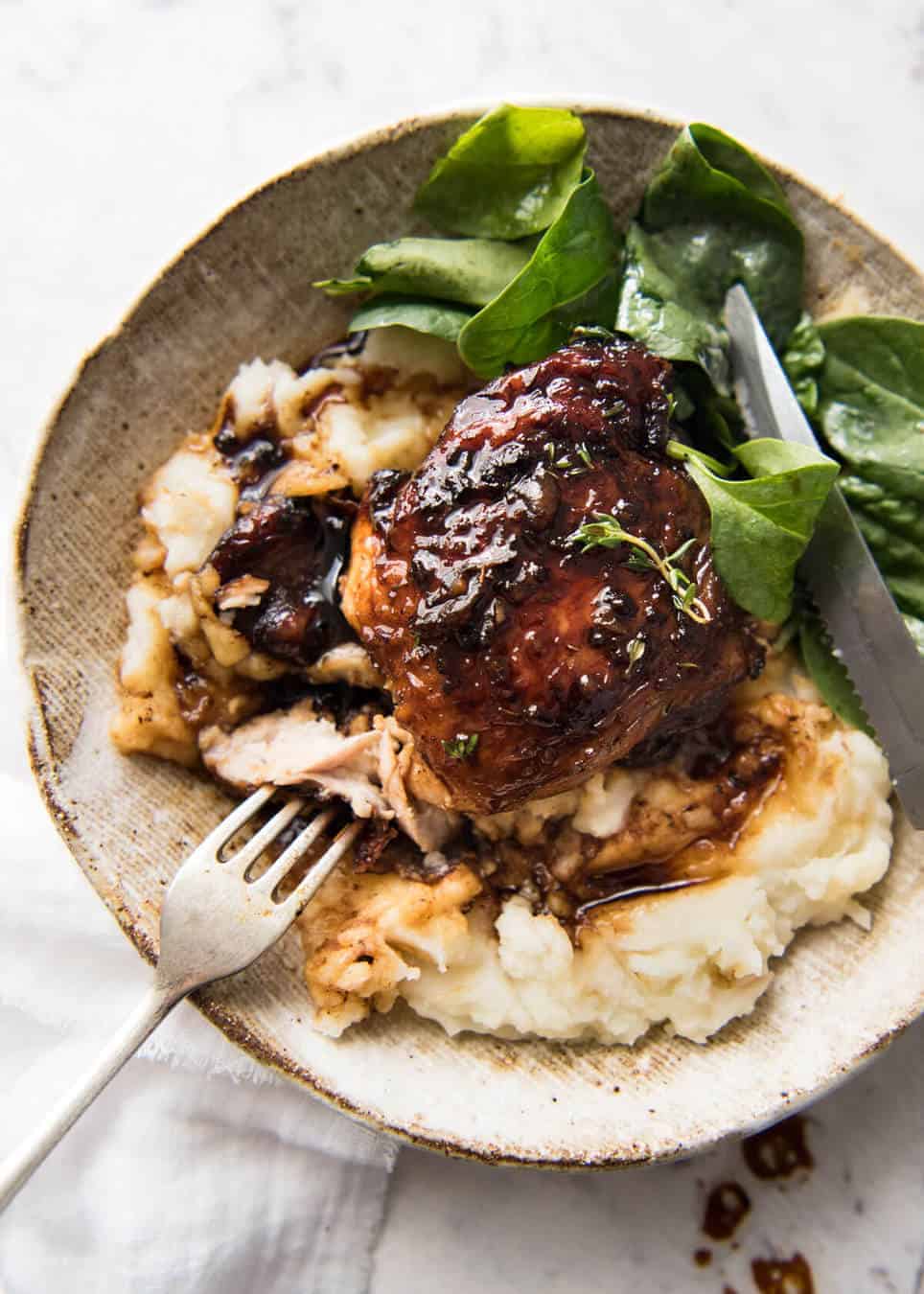 Balsamic vinegar, soy sauce, honey, sugar and garlic is all you need to make this super easy and fast Baked Balsamic Chicken! No marinating required. www.recipetineats.com