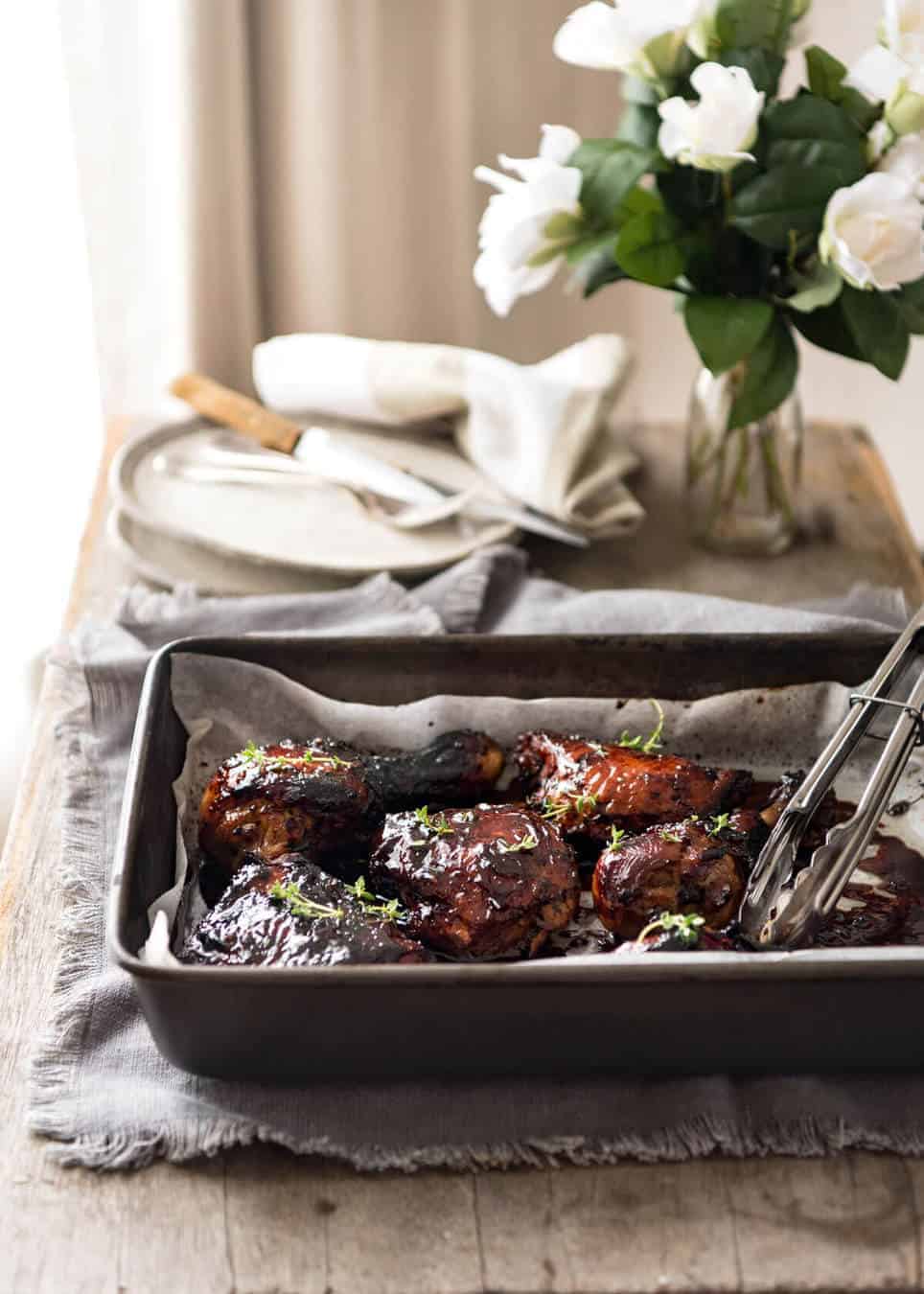 Balsamic vinegar, soy sauce, honey, sugar and garlic is all you need to make this super easy and fast Baked Balsamic Chicken! No marinating required. www.recipetineats.com