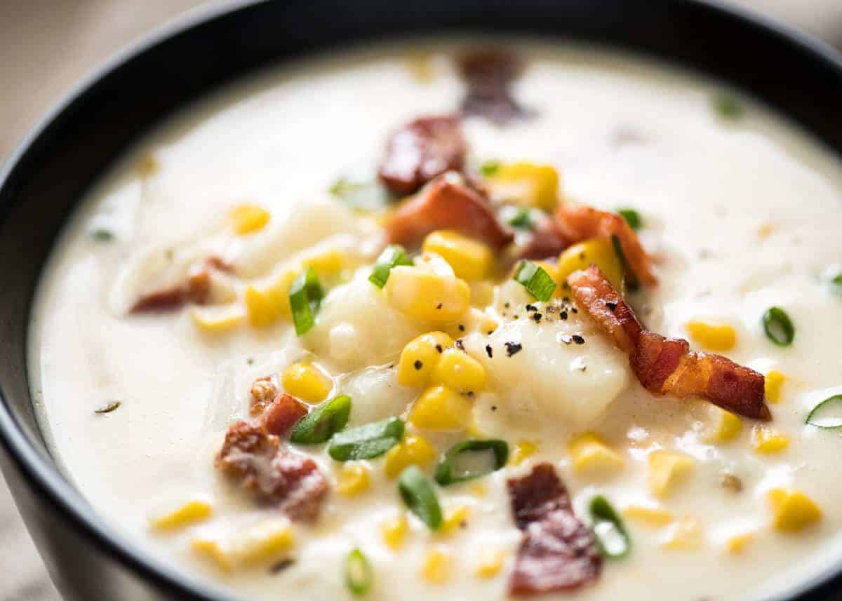 Creamy Corn Chowder with Bacon, with a couple of simple tips for make it extra tasty! www.recipetineats.com