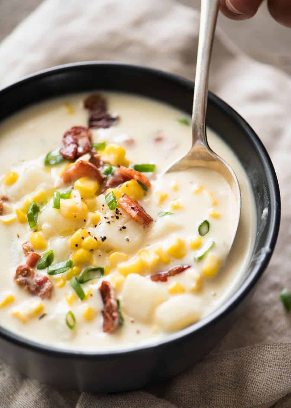 Creamy Corn Chowder with Bacon, with a couple of simple tips for make it extra tasty! www.recipetineats.com