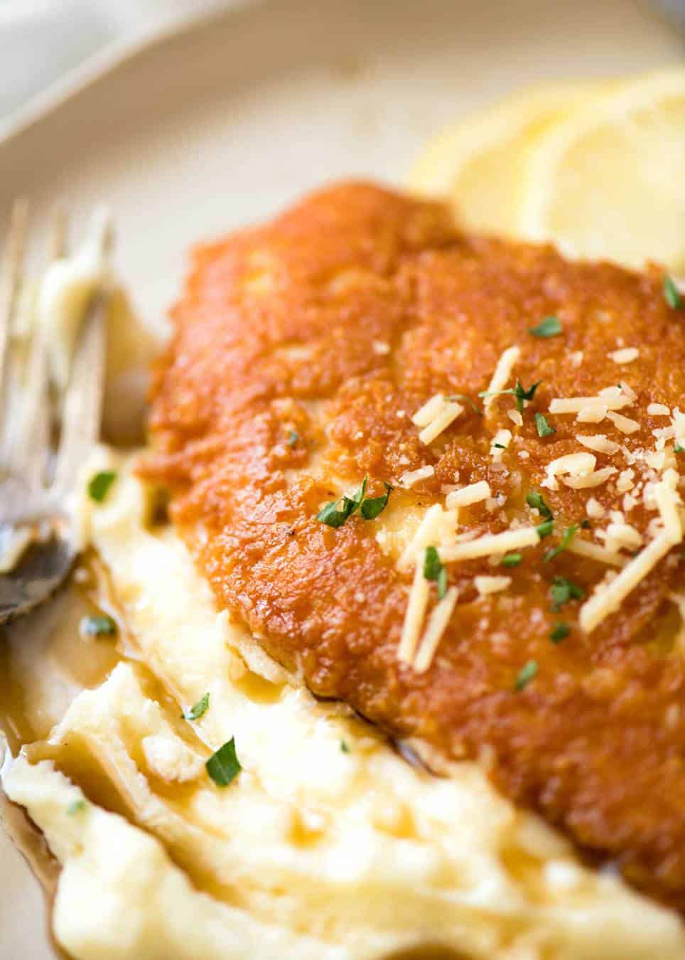Ultra Crispy Parmesan Crusted Chicken Breast with silky Cauliflower Mash with Browned Butter.
