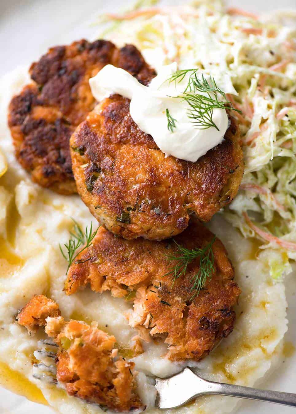 Tender insides studded with flakes of salmon, golden on the outside, these Salmon Patties are baked, not fried. Ultimate transformation of canned salmon - or use fresh! www.recipetineats.com
