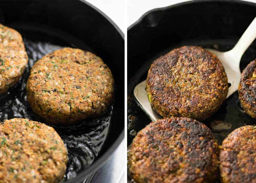 Veggie Burgers being cooked in a skillet