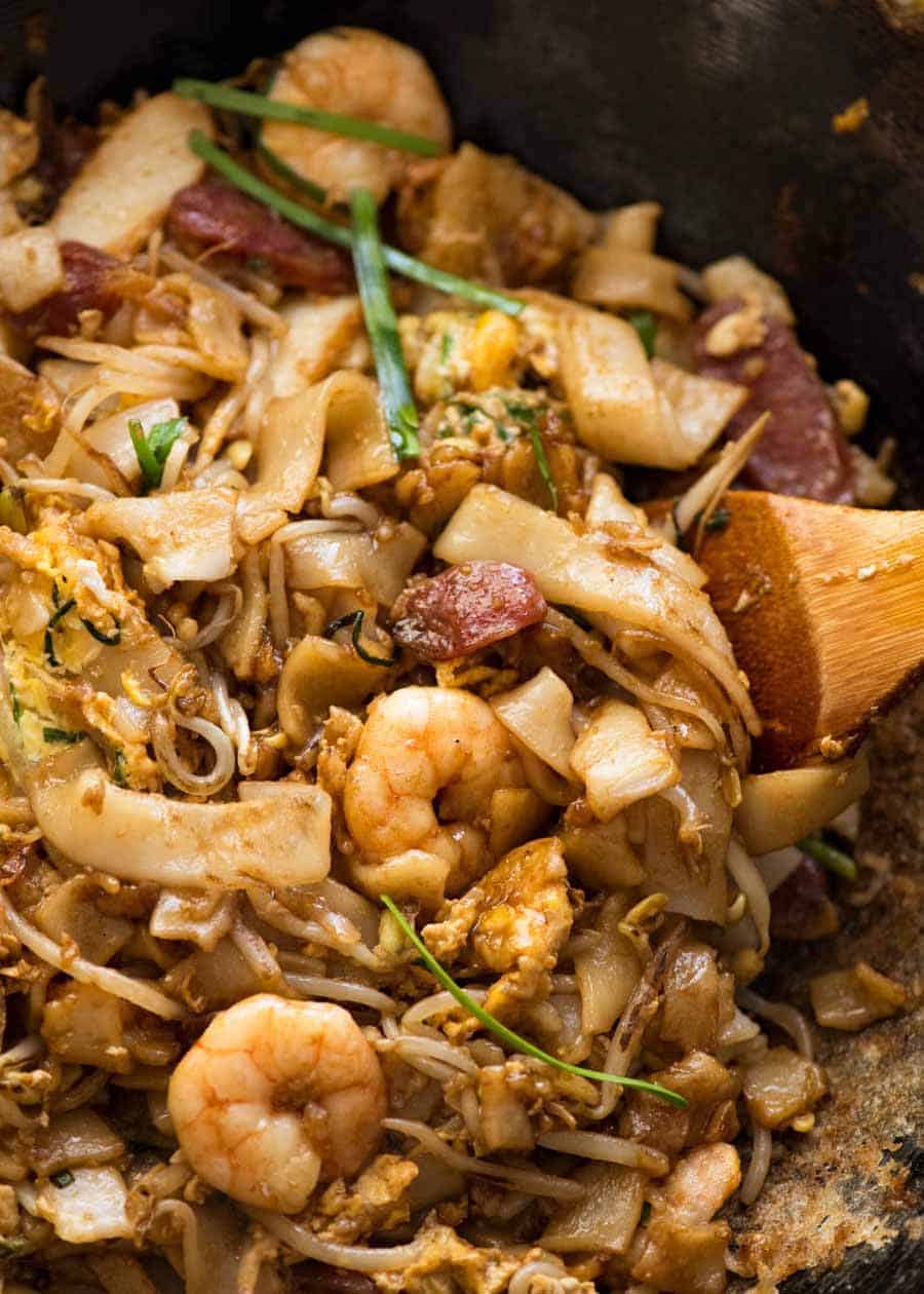 Char Kway Teow in a wok, fresh off the stove