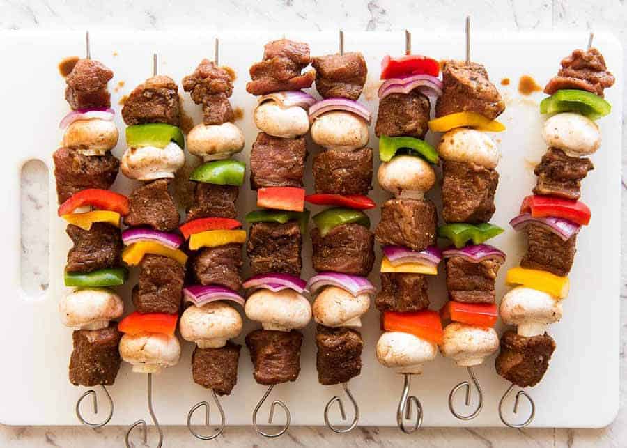 Photo of uncooked Marinated Beef Kabobs, ready to be cooked on the grill
