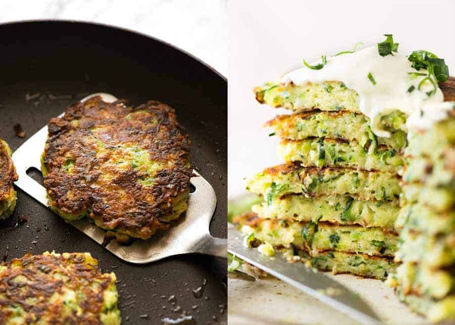 Crispy Zucchini Fritters in a black skillet, fresh off the stove, and also showing the inside of the fritters