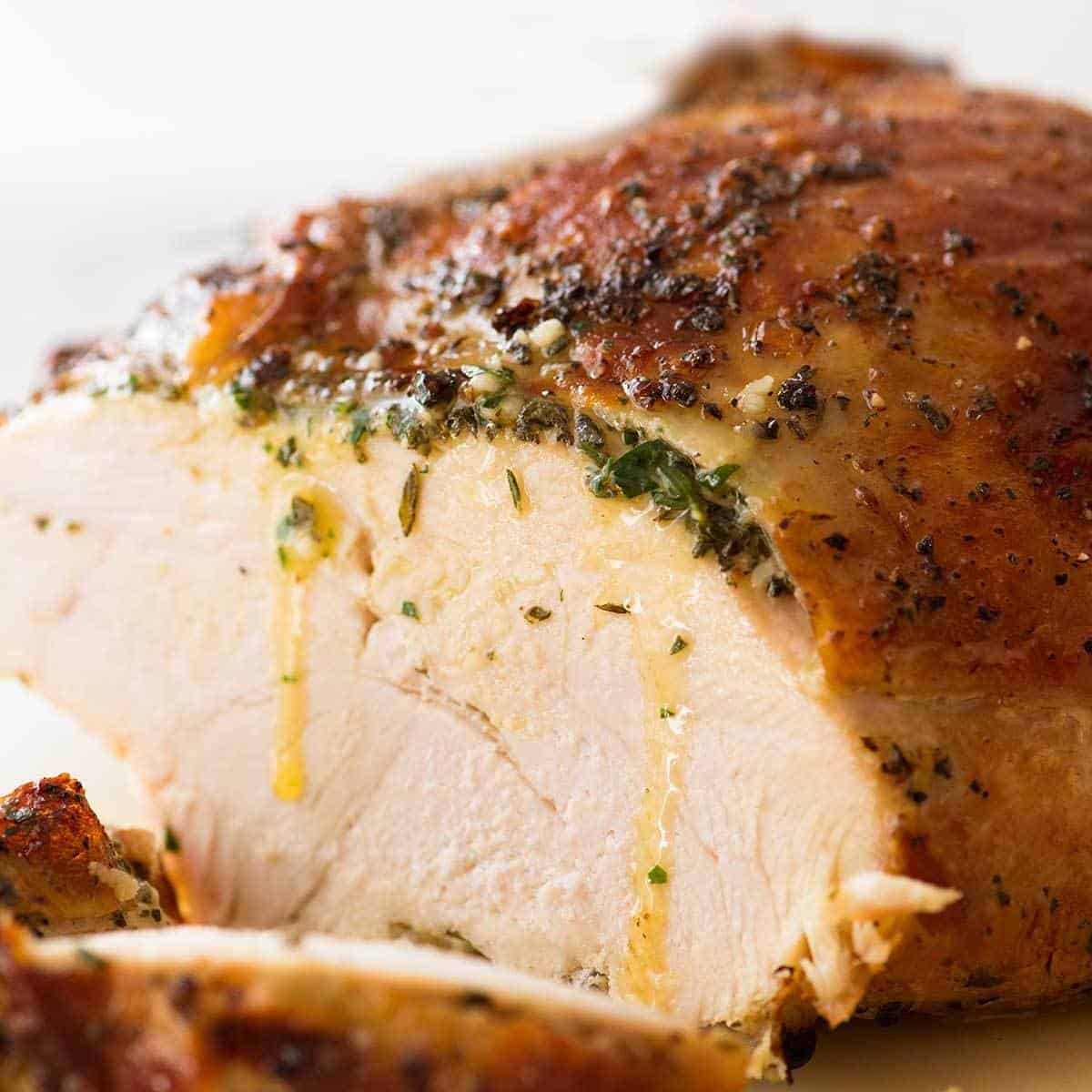 Close up of Slow Cooker Garlic Herb Butter Turkey Breast