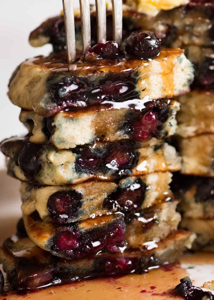 Close up of cut Fluffy Blueberry Pancakes