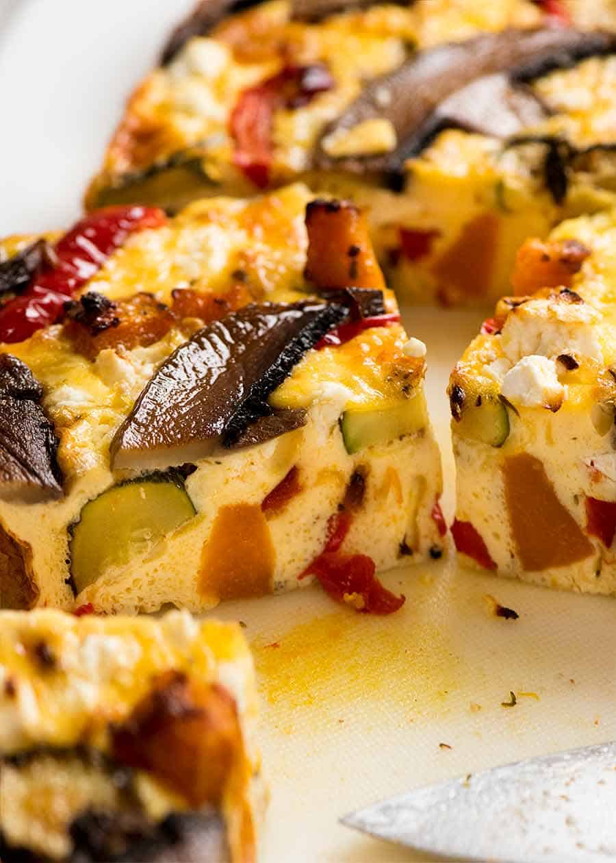Close up of a slice of Baked Frittata with Roasted Vegetables
