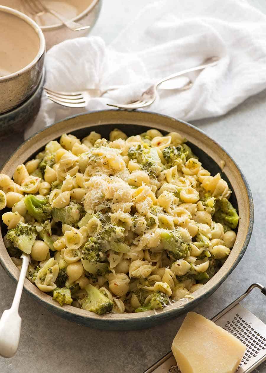Broccoli pasta in a serving bowl, ready to be served