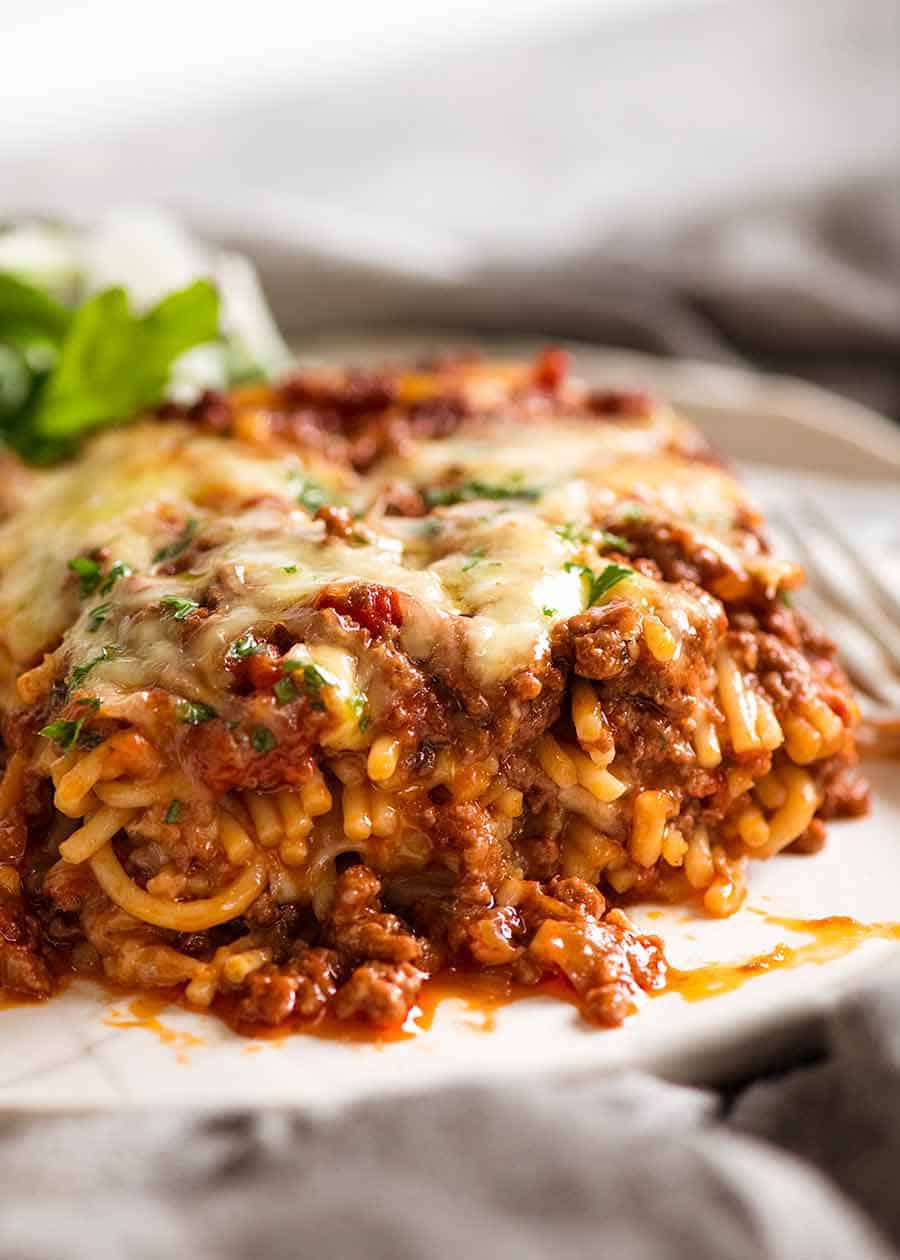 Close up of Baked Spaghetti Casserole on a plate, ready to be eaten