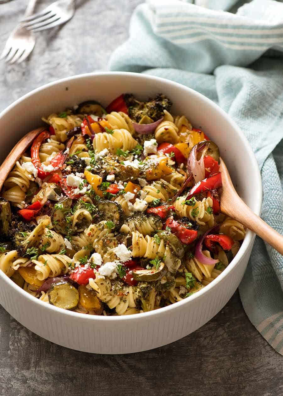 Vegetarian Pasta Salad recipe in a large white bowl, ready to be served