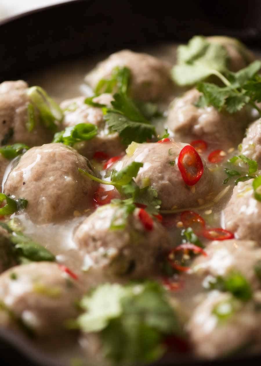Vietnamese Pork Meatballs for Banh Mi in a black skillet, ready to be served