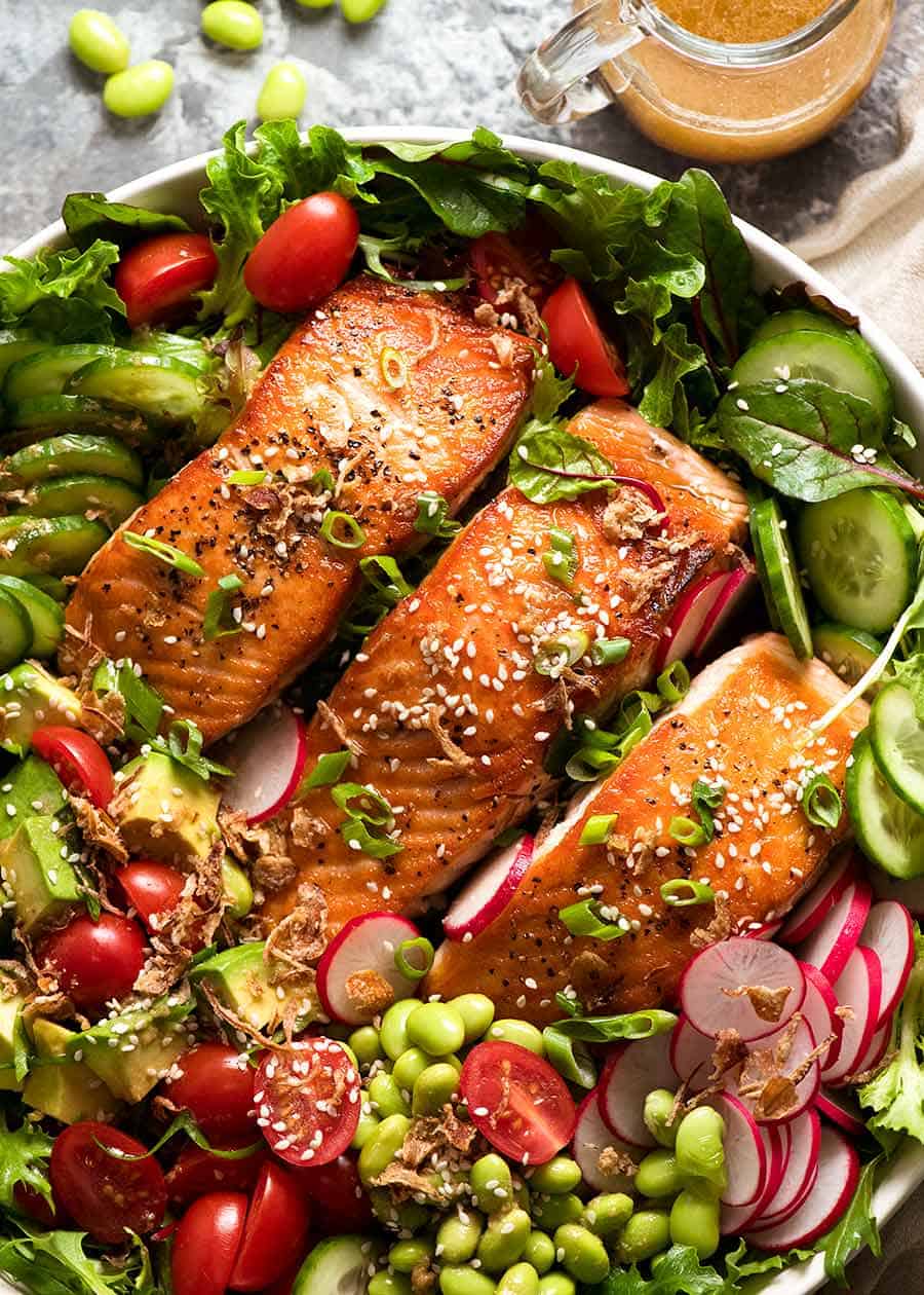 Overhead photo of Salmon Salad with Asian Ginger Sesame Dressing