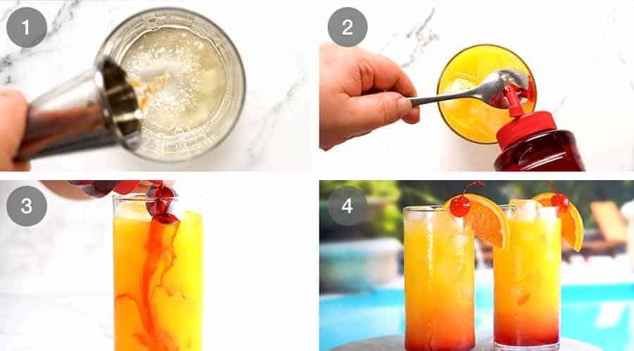 Process steps for how to make Tequila Sunrise cocktail drink