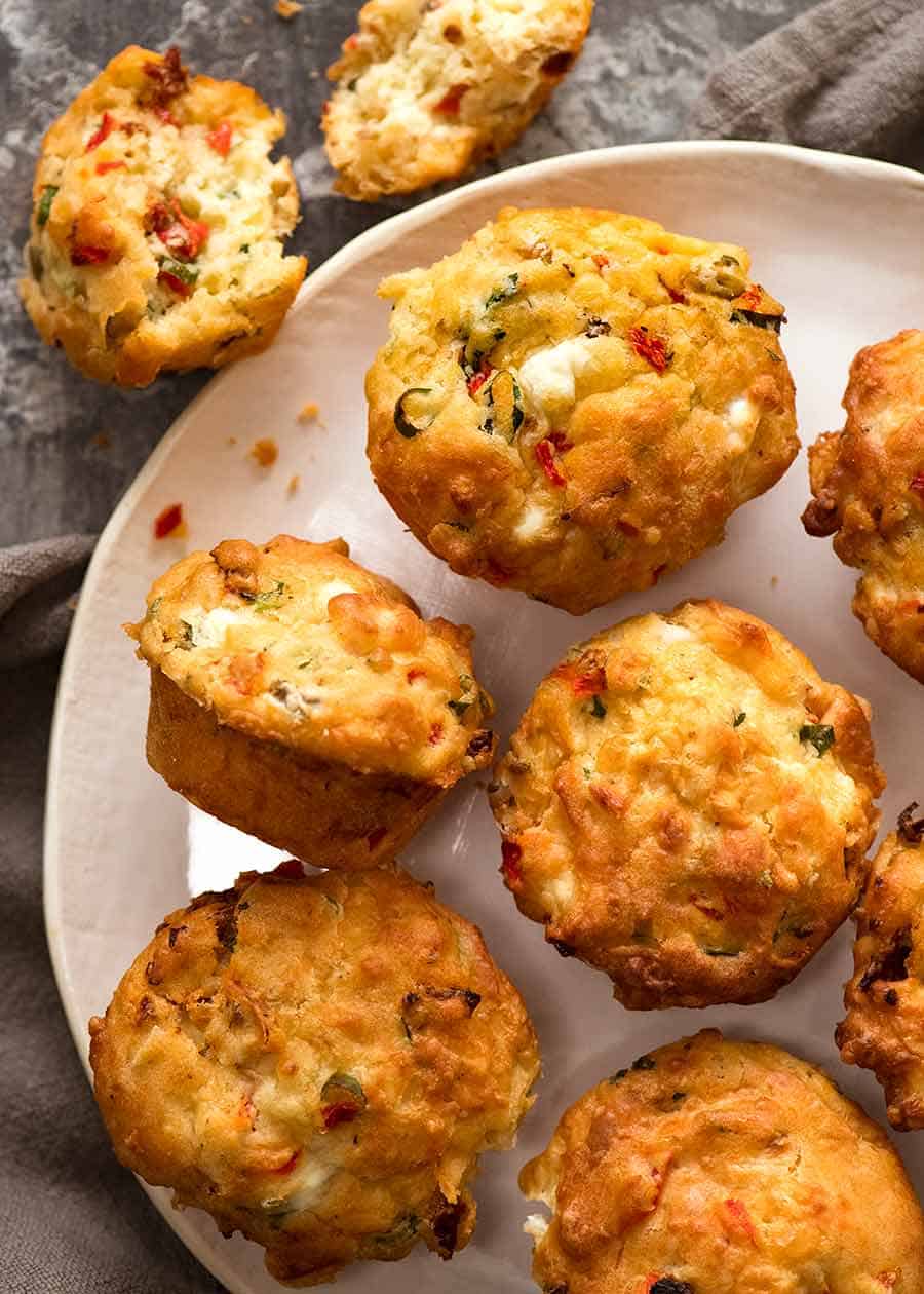 Mediterranea Savoury Muffins - cheesy muffins with olives, sun dried tomatoes, roasted peppers, feta and cheese