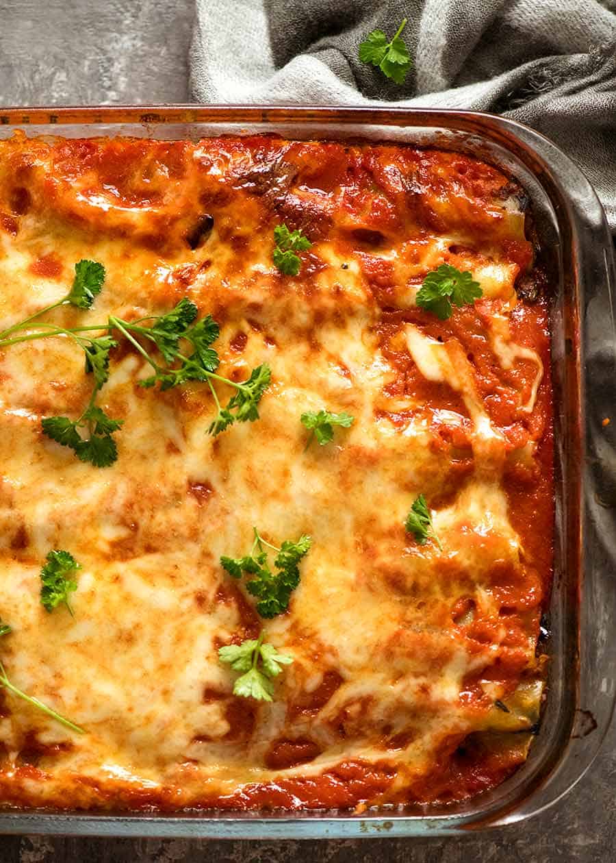 Overhead photo of Spinach Beef Cannelloni in a baking dish, fresh out of the oven