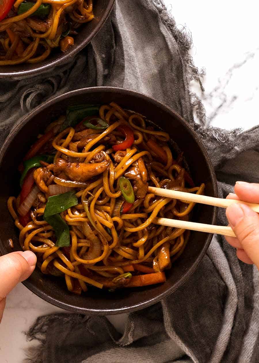 Chicken Lo Mein in a bowl, ready to be eaten