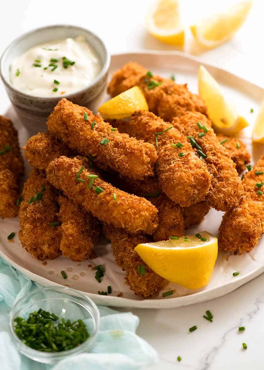 Plate of homemade fish fingers recipe, ready to be served
