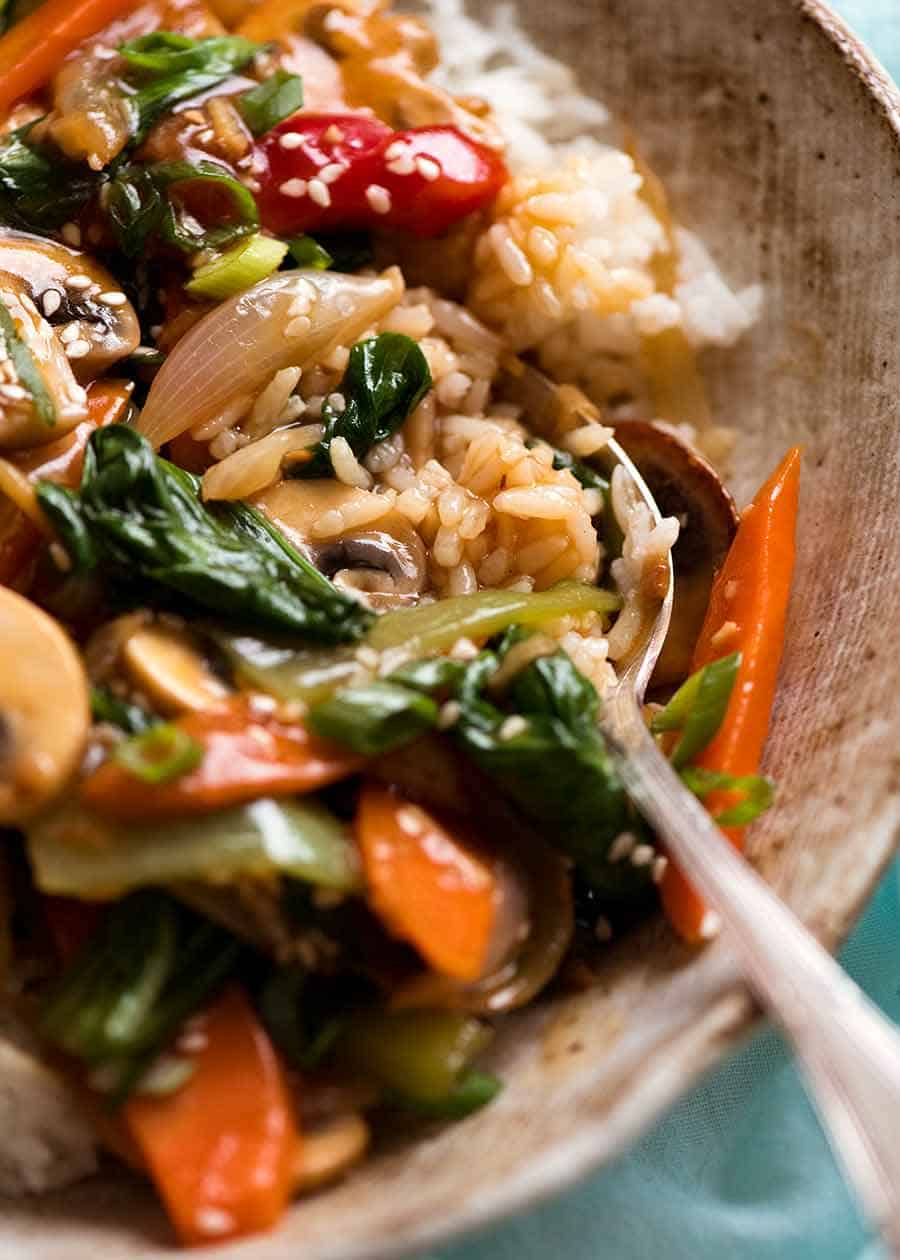 Close up of Vegetable Stir Fry sauce soaked rice